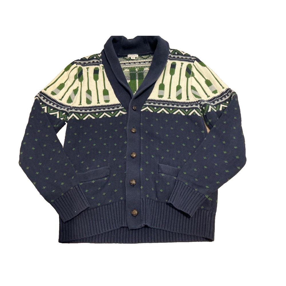 Fisherman Cardigan Sweater Mens Size M Navy Green Boating Preppy Grandpacore